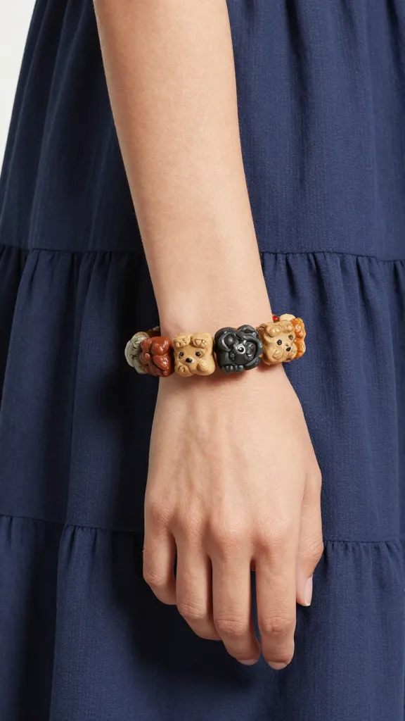 chunky cuff bracelet on wrist, tiered dress fabric backdrop