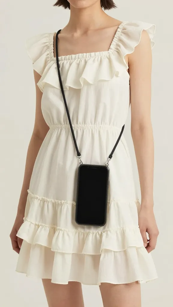 crossbody phone sling against fluttering tiered ruffle dress