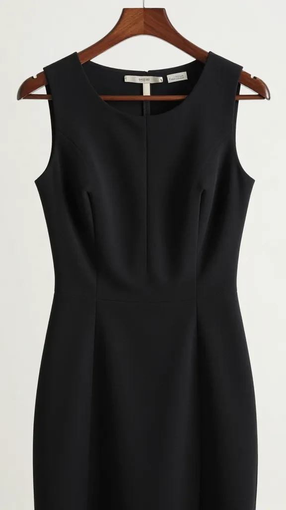 closeup black sheath pencil dress on hanger, soft studio light