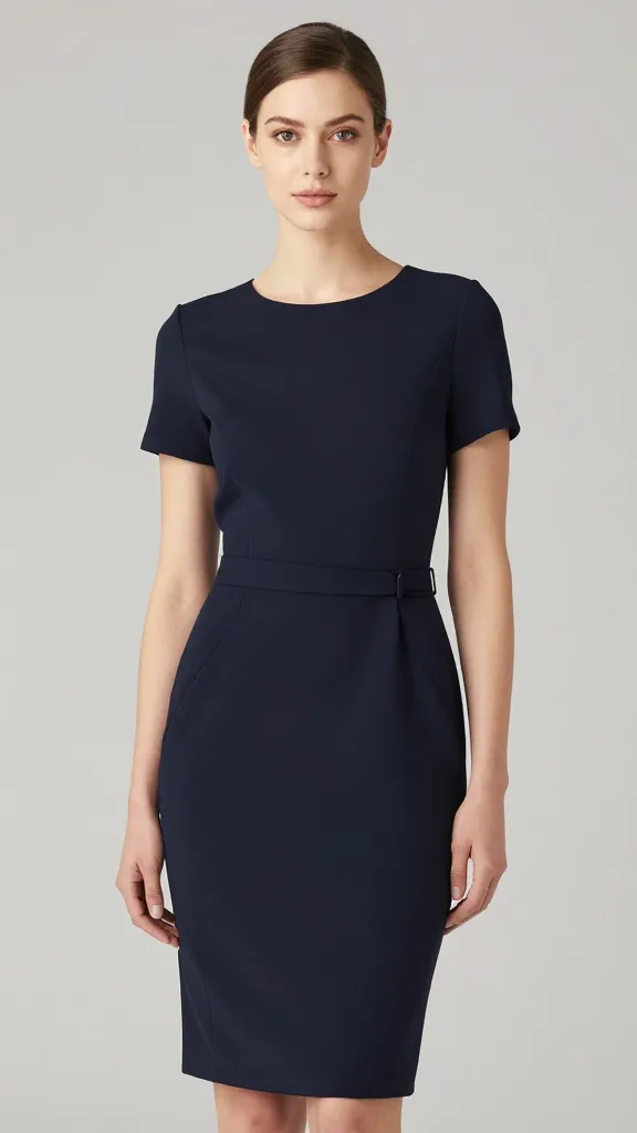 waist-up view tailored navy pencil dress with belt, seamless background