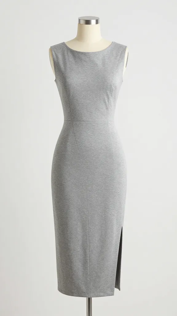 knee-skimming gray ponte pencil dress on dress form, side slit detail