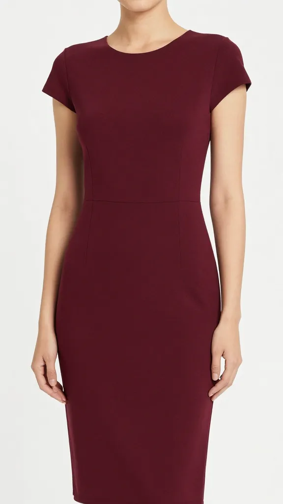 closeup cap-sleeve burgundy pencil dress neckline, clean white backdrop
