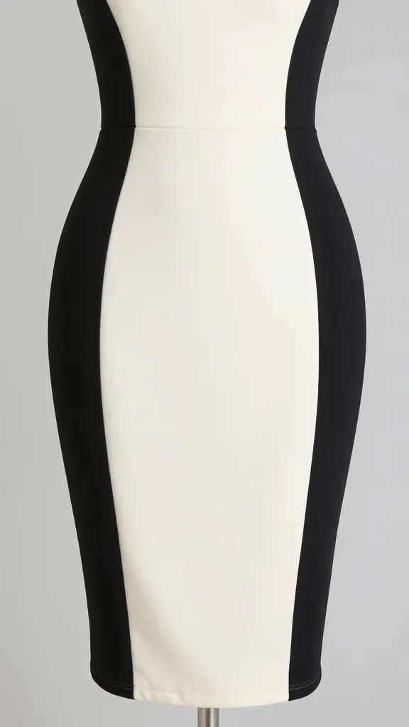 waist-up shot of sheath dress, black side-blocks, ivory center