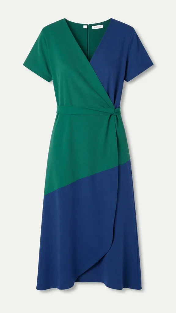 midi wrap color-block dress, emerald and cobalt diagonal bands