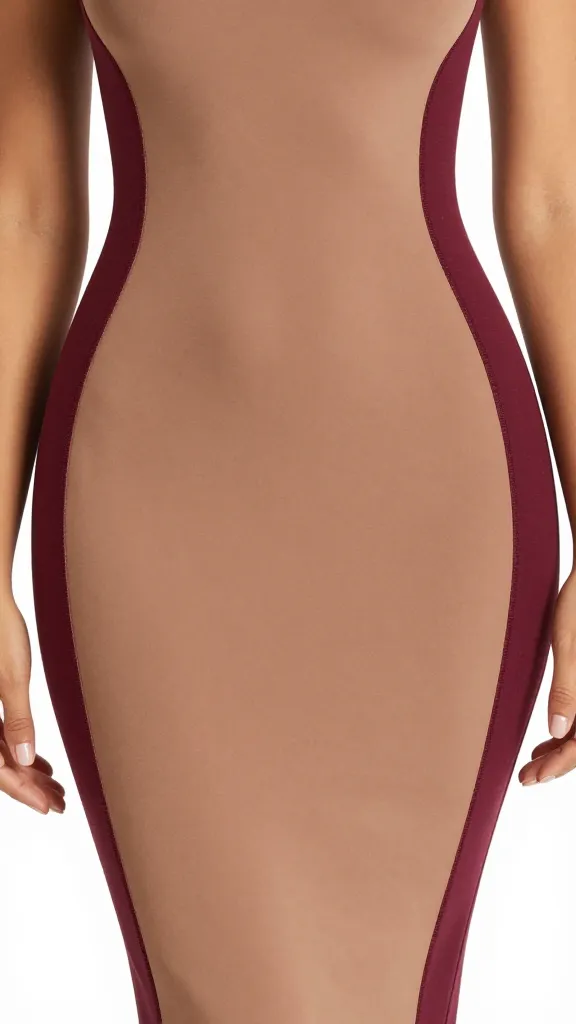 bodycon dress closeup, tan torso block with burgundy sides