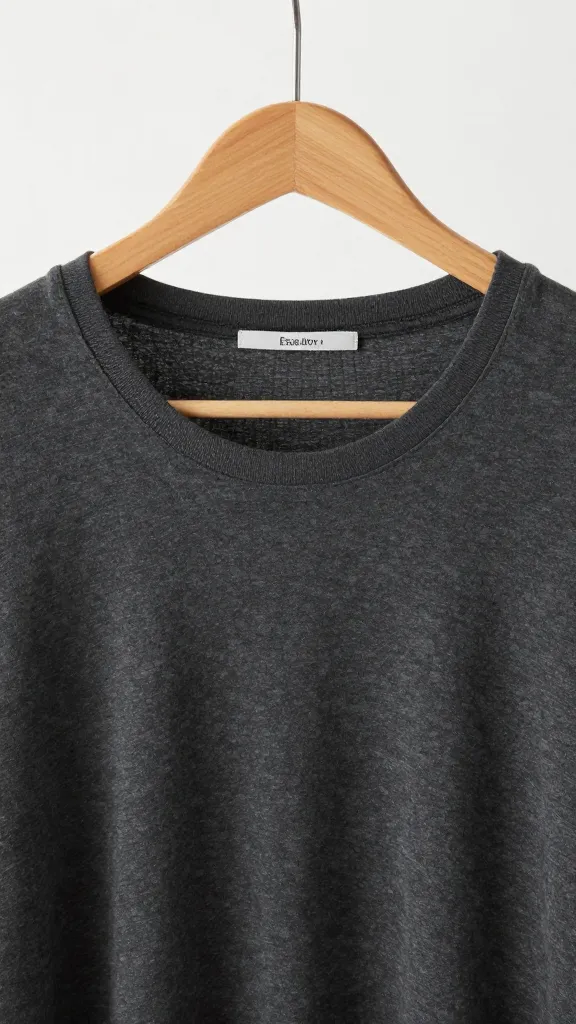 charcoal jersey T-shirt dress on wooden hanger, closeup