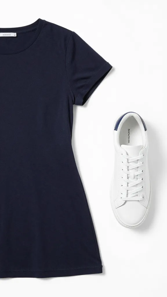 white sneaker toe beside hem of navy jersey T-shirt dress