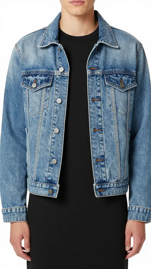 light-wash denim jacket draped over black jersey T-shirt dress, closeup