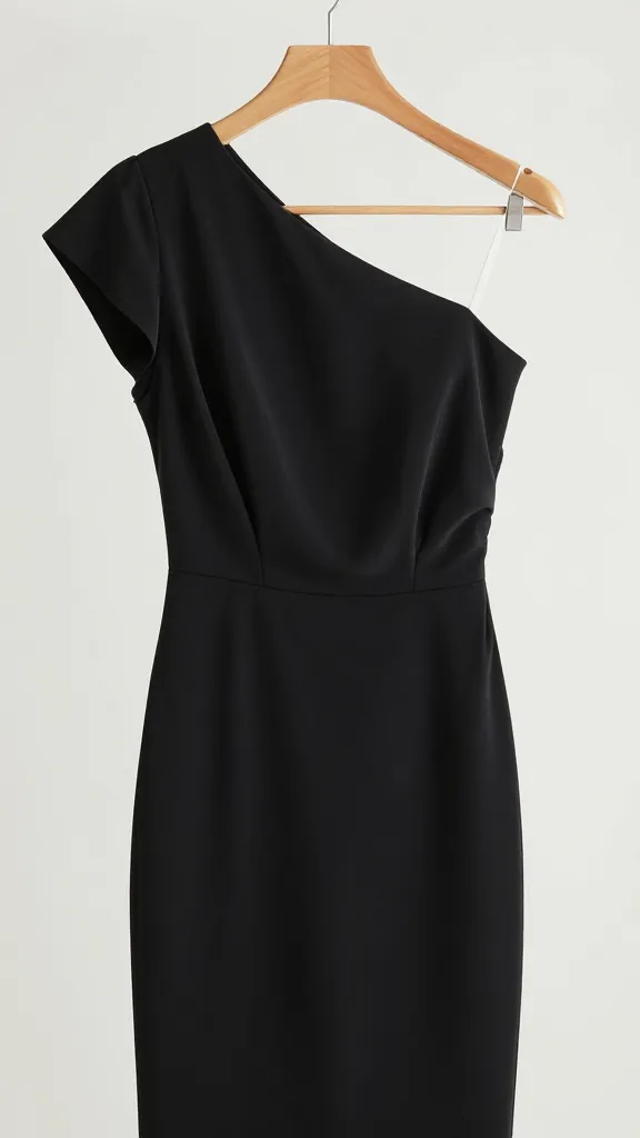 closeup of black one-shoulder draped midi dress on hanger