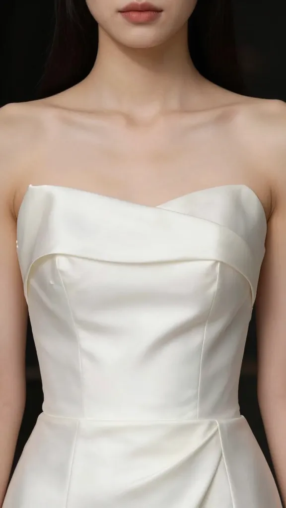 ivory one-shoulder satin gown neckline, collarbone-focused closeup
